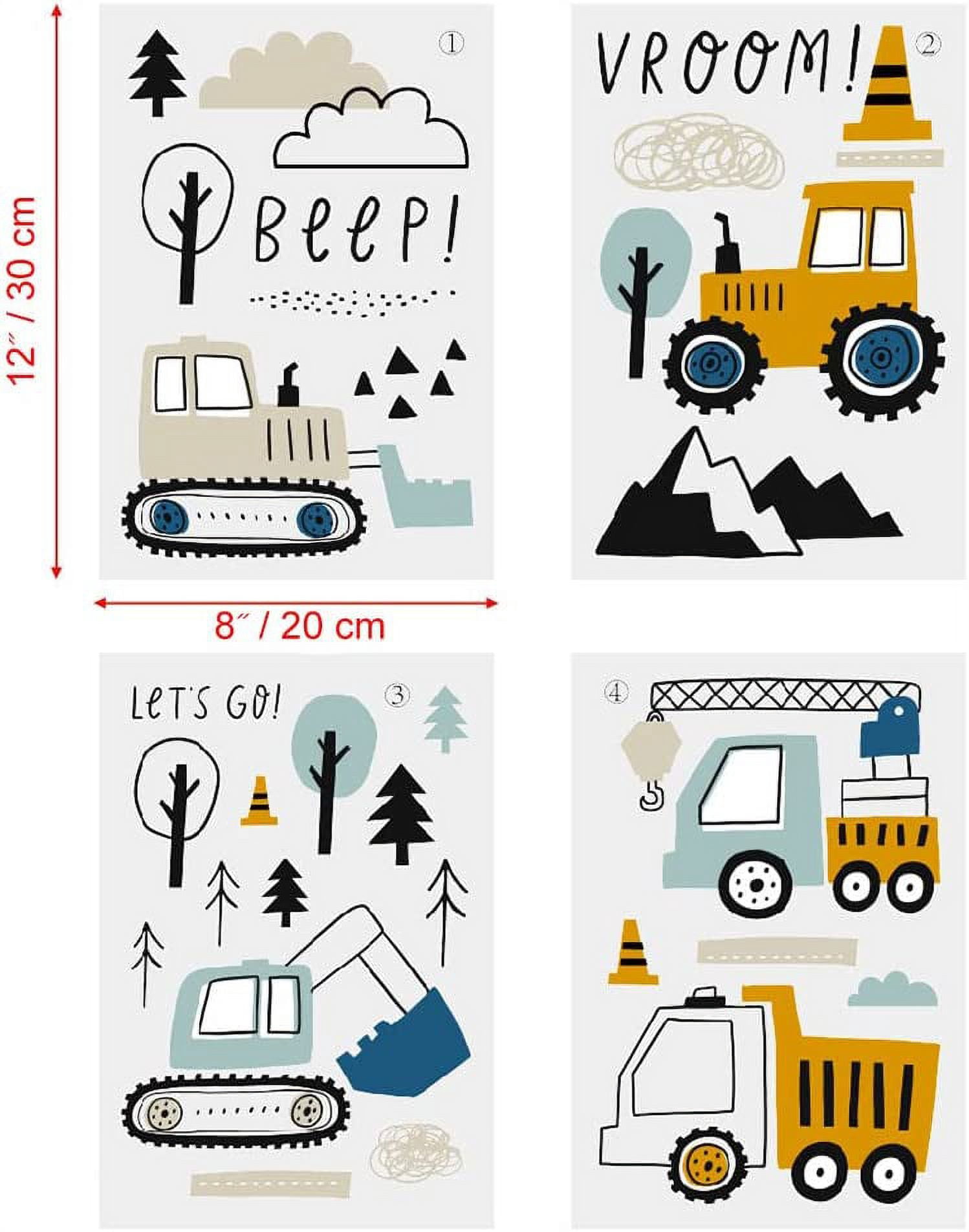 STONCEL 37 pcs Cartoon Bulldozer Digger Wall Stickers, Adorable Baby Boys Room Decor, Hand-painted Style Crane Truck Wall Decals for Bedroom Nursery, Construction Wall Murals Peel and Stick (37PCS)