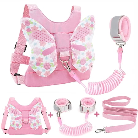 3 in 1 Toddler Harness Leashes + Anti Lost Wrist Link, Child Anti Lost Leash Baby Cute Harness Belt Strap Hold Kids Close While Walking-Pink Butterfly (Wrist traction rope: 1.5M)