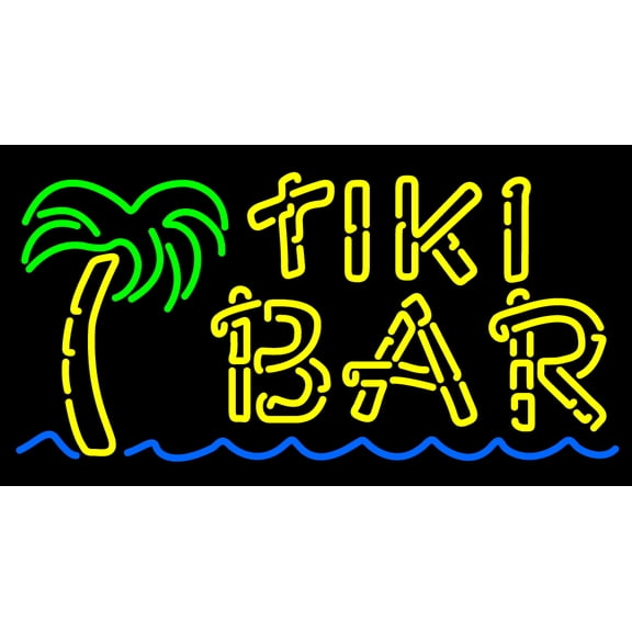 Tiki Bar With Palm Tree LED Neon Sign 13 x 24 - inches, Clear Edge Cut Acrylic Backing, with Dimmer - Bright and Premium built indoor LED Neon Sign for Bar decor.