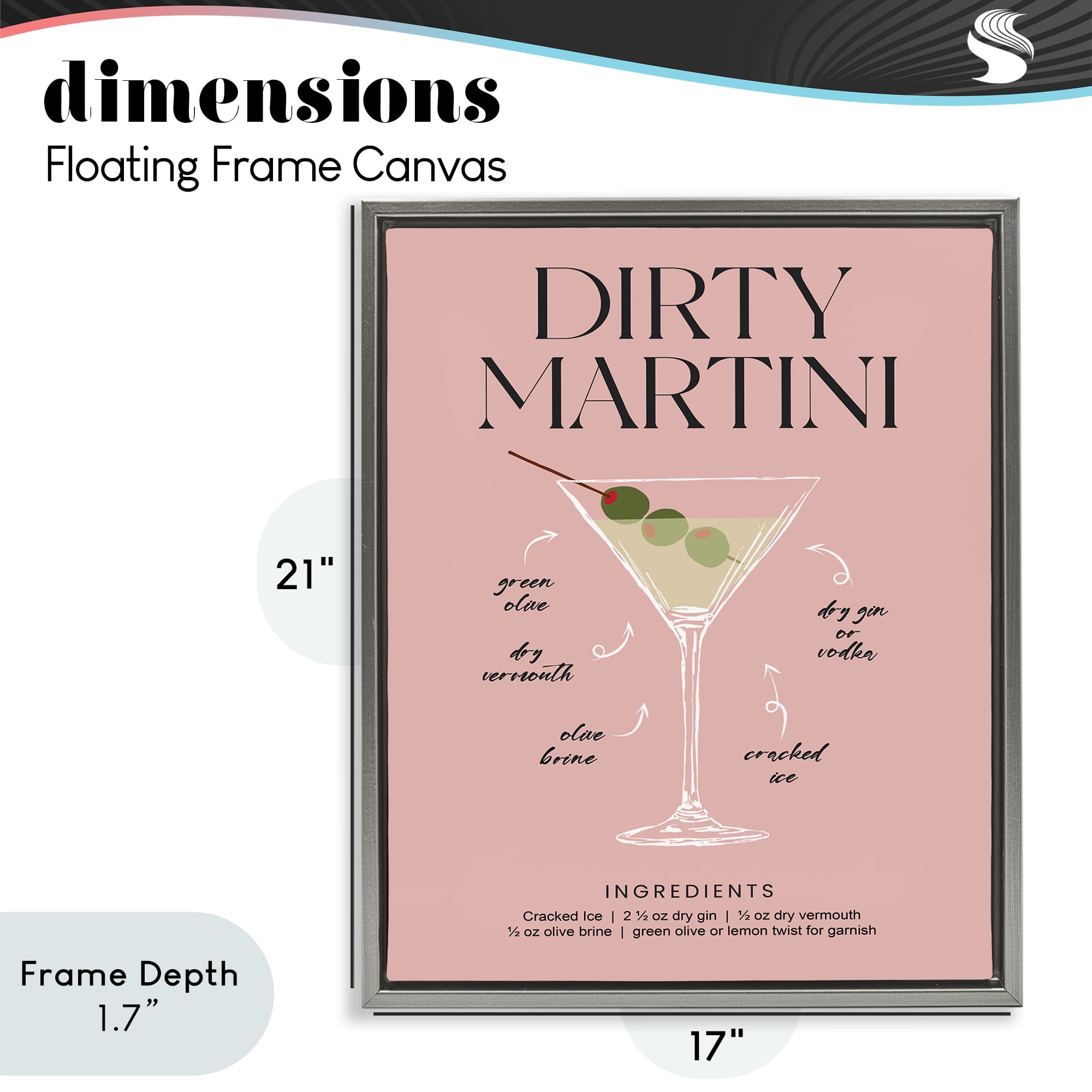 Stupell Industries Dirty Martini Pink Recipe Gray Framed Floater Canvas Wall Art, design by Lettered and Lined