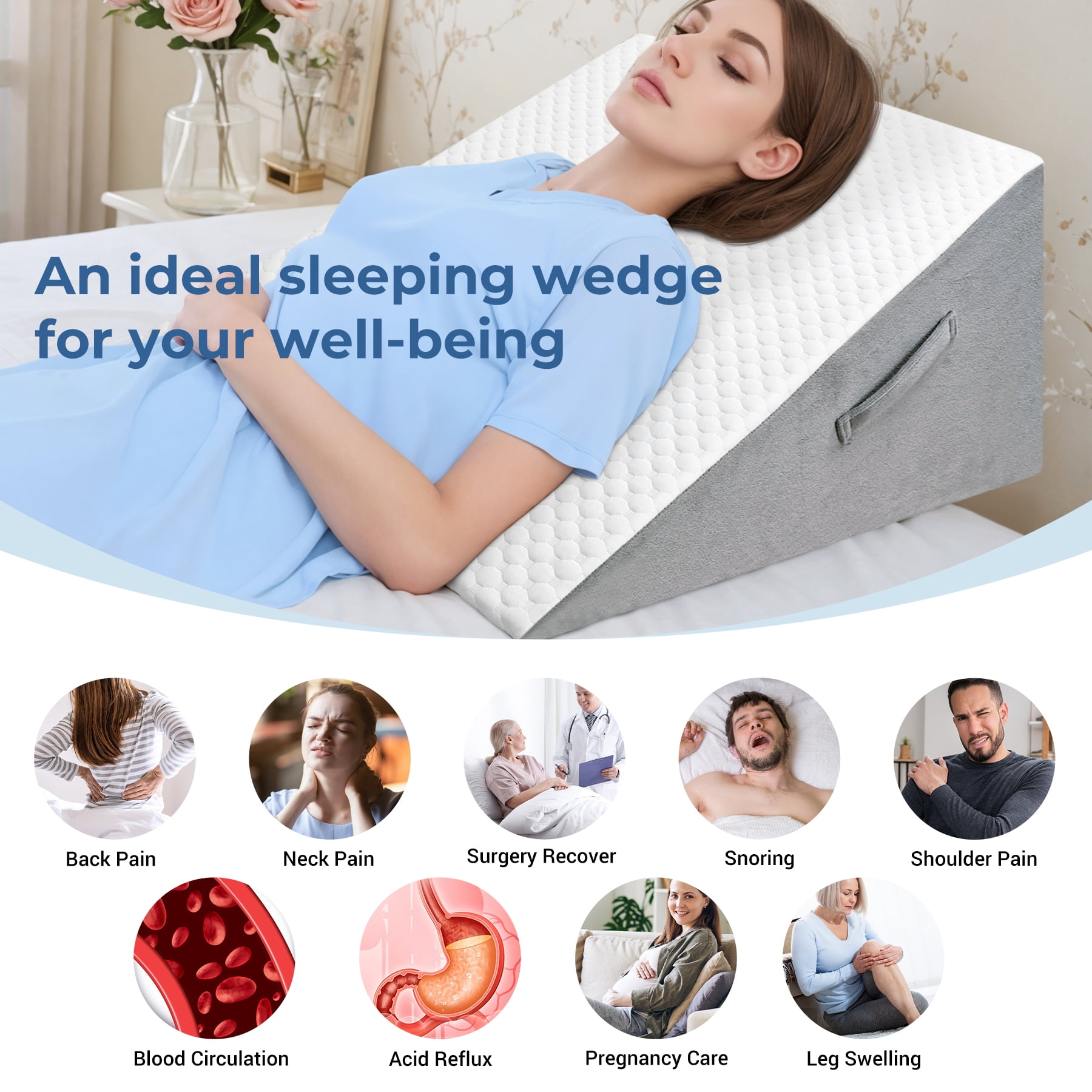 Bed Wedge Pillow, Soft Foam Triangle Pillow for Sleep Apnea, Acid Reflux, Snoring, 12Inch Leg Elevation, Back Support for Sitting Up in Bed, Incline Cushion for Sleeping, Reading, White/Grey