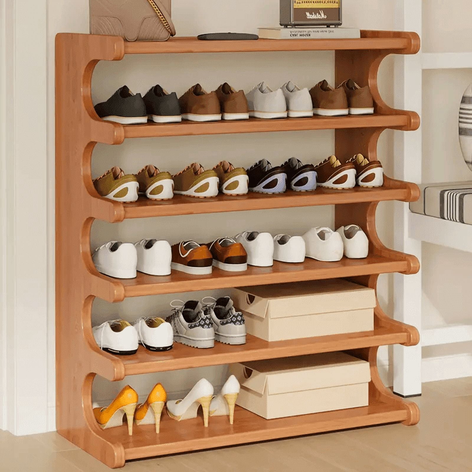 6 Layer Wood Grain Free Standing Shoe Rack Space Saving Storage Organizer