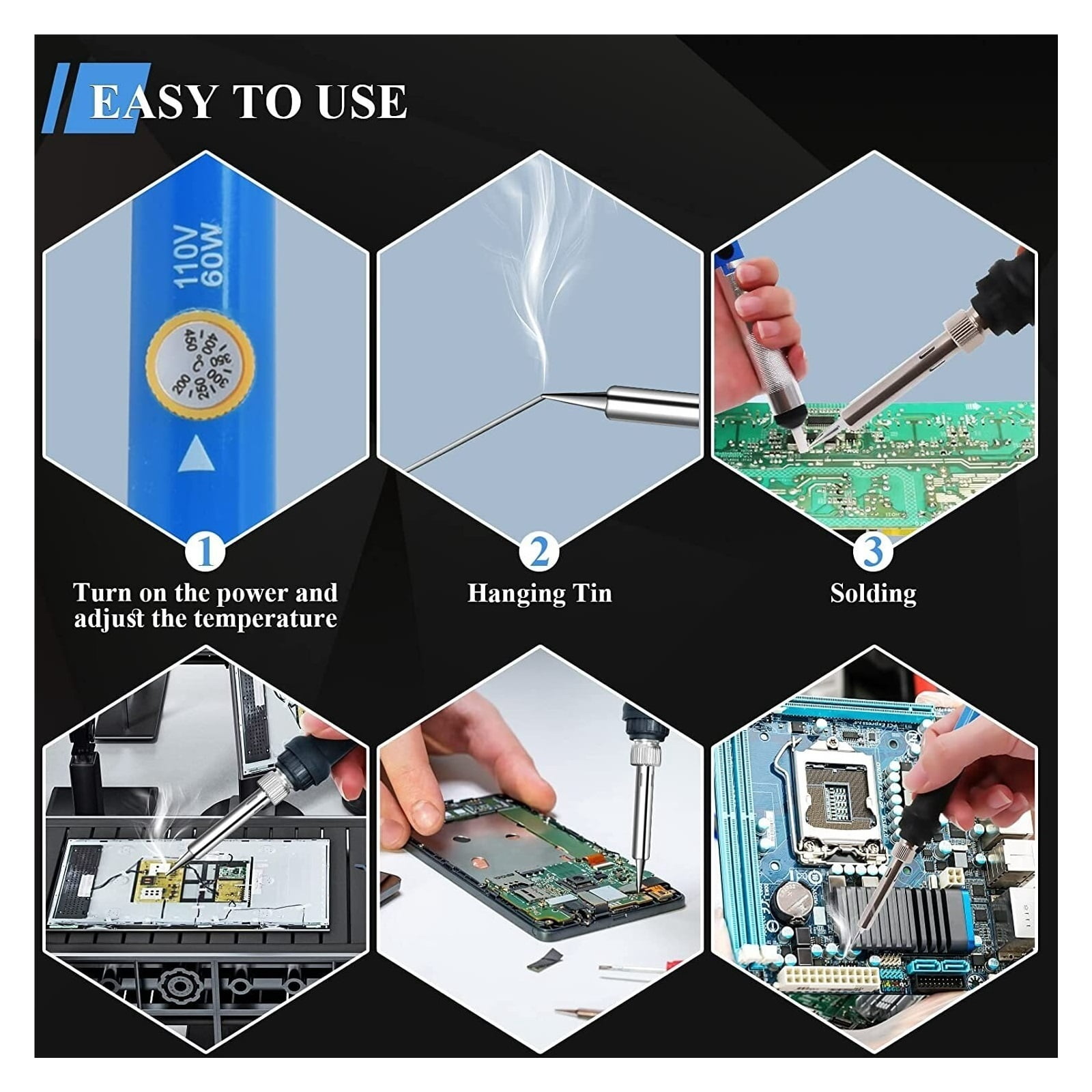 Soldering Iron Kit Weld Tool Adjustable Temperature Desoldering Pump 60W 110V