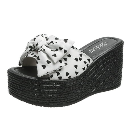 

Cathalem Ladies Summer Fashion Bow Love Cloth Platform Wedge Beach Sandals And Slippers White 42