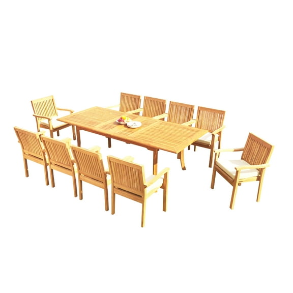 Grade-A Teak Dining Set: 10 Seater 11 Pc: 94" Rectangle Table And 10 Leveb Stacking Arm Chairs Outdoor Patio WholesaleTeak #51LV2011