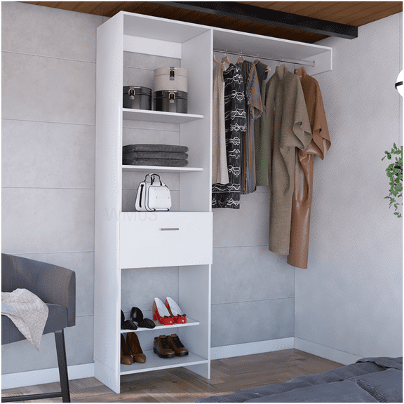 Freestanding 5-Shelf Wardrobe Closet with Drawer & Hanging Rod, White