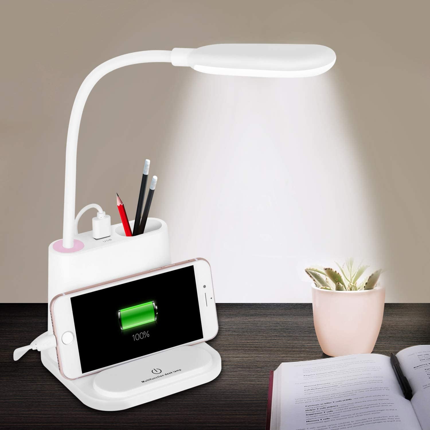 Rechargeable Battery Operated Desk Lamp with USB Charging Port Flexible Gooseneck Desk Lights for Home Office,White LED Desk Lamps for College Dorm Room Home Office Small Spaces 3 Modes 10 Dimmable