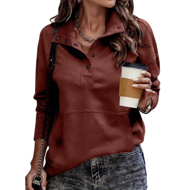 Sudadera SHEWIN casual de manga larga con cuello en V para mujer, color rojo