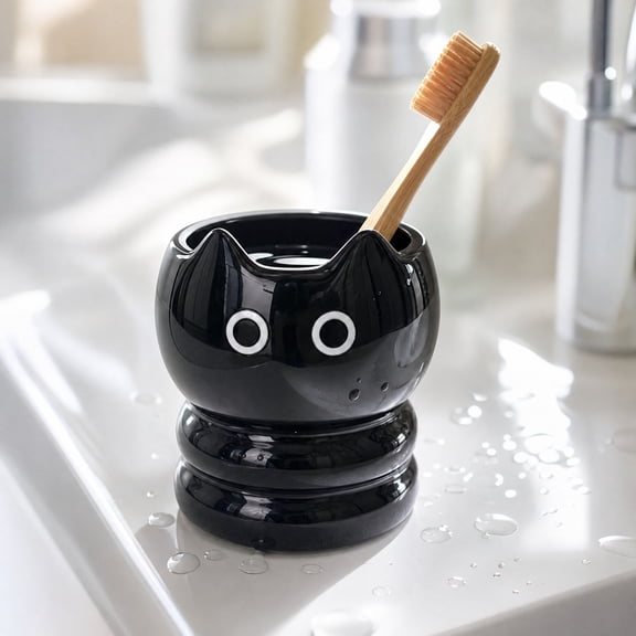 KOYPTL Ceramic Toothbrush Cup Holder - Cute Cat Bathroom Decor Organizer for Toothpaste & Makeup Brushes, Countertop Desk Storage