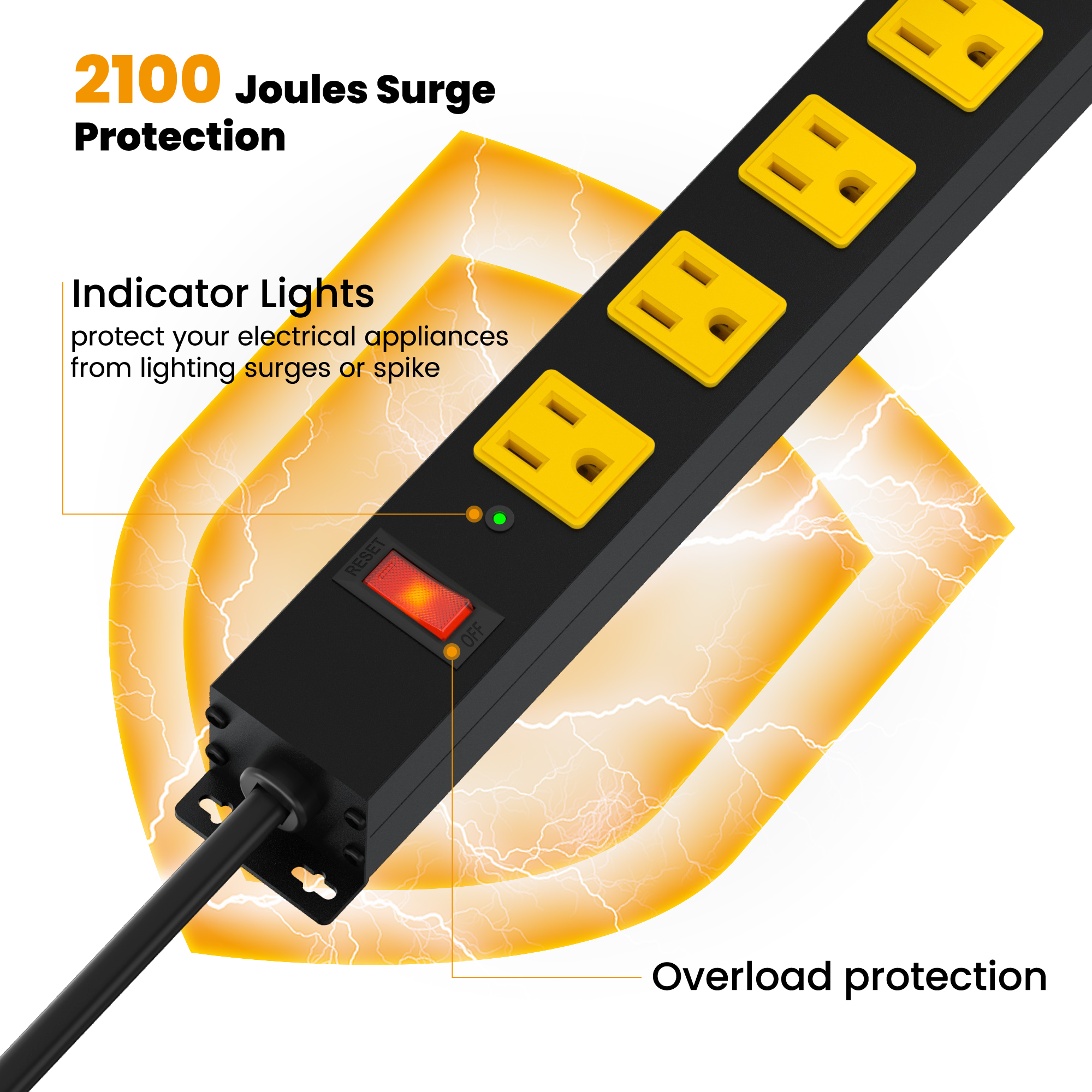 Power Strip Surge Protector 12 Outlet, Heavy Duty Metal Power Bar with 3FT Extension Cord, 2100J Overload Protection Switch, Wide Spaced Outlets for Workbench, Shop, Garage, Industrial Use