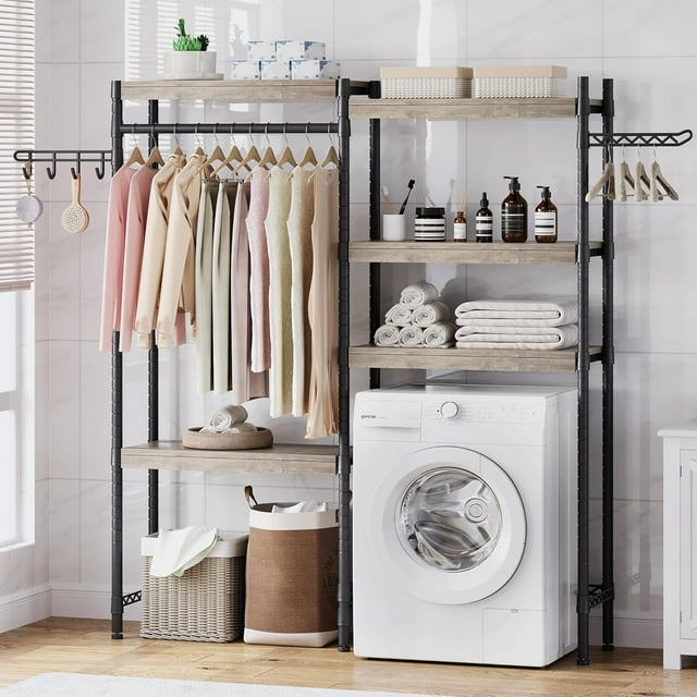 AKDSteel Laundry Room Organization and Storage, 5 Tier Wood Over The Washer and Dryer Storage Shelf with Drying Clothes Racks,Space Saver Heavy Duty Bathroom Laundry Shelf for Home Storage and Decor