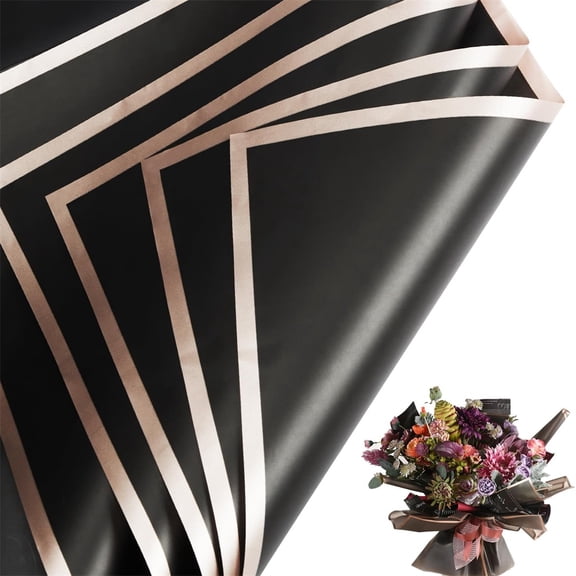 Black Floral Bouquet Wrapping Paper Waterproof Flower Packaging Paper Matte Paper with Gold Edges for Valentine's Day Birthday Graduation Wedding Gift Crafting Florist Supplies 10 Sheets