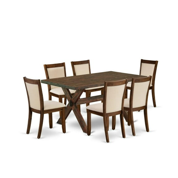 X776MZN32-7 Dinner Table and 6 Light Beige Chairs - Distressed Jacobean Finish