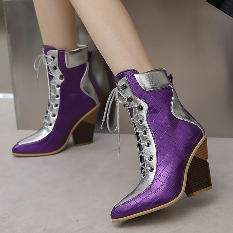 GHSOHS Cowboy Boots for Women Fashion Leather Patchwork Ankle Booties High Heel Strappy Lace Up Western Boots Womens Shoes Purple 38