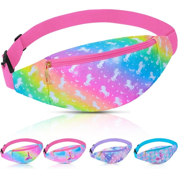 AuSletie Fanny Pack for Kids Girls Fashion Waist Pack With Adjustable Belt, Kids Unicorn Fanny Pack Crossbody With 2 Pouches, Kids Belt Bag for Travel Running Camping(Small Rainbow Unicorn)