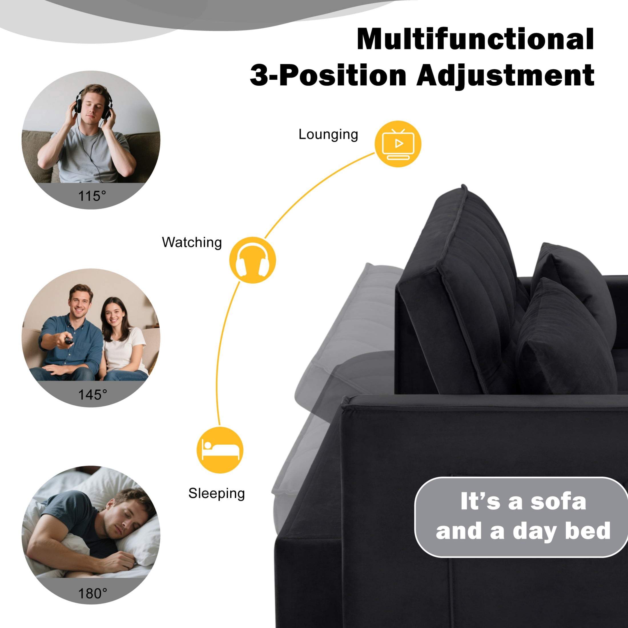 Gewnee 54" Modern Convertible Velvet Futon Sofa Bed with Pull-Out Sleeper and Adjustable Backrest, Loveseat Couch for Living Room or Office (Black)