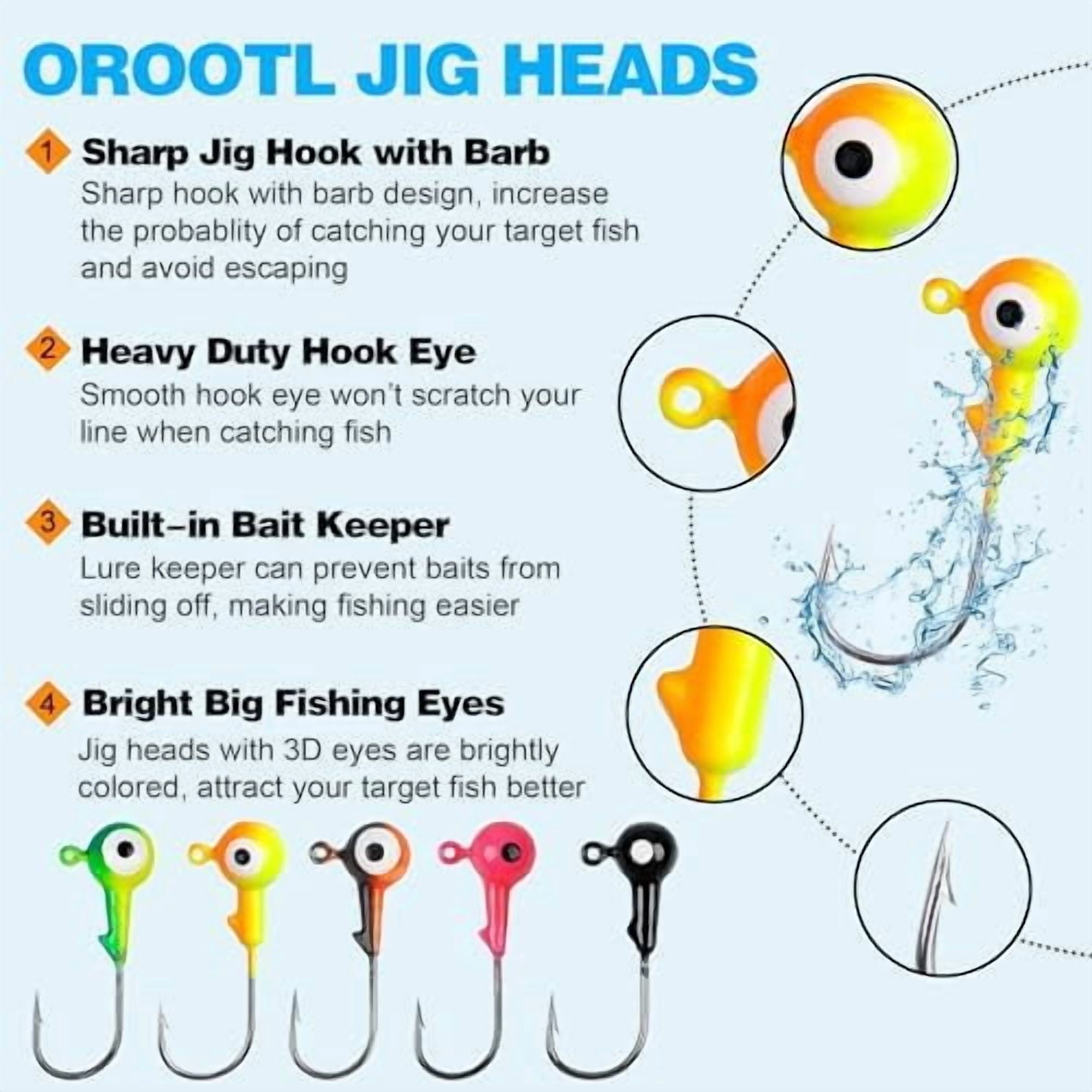 RibRave Fishing Jig Heads Hooks Set, 60pcs Assorted Round Jig Head with 3D Eyes Painted Jig Heads for Crappie Bass Walleye 3/8oz 1/4oz 1/8oz 1/16oz 1/32oz Saltwater Freshwater Fishing Tackle Kit