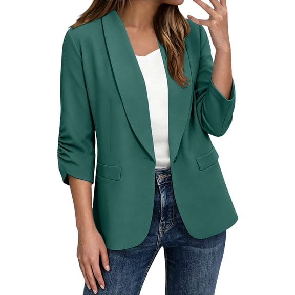 Sahpxhe Blazers for Women Shawl Collar Ruched 3/4 Sleeve One Button Casual Blazer Dressy Work Business Suit Jacket Army Green M