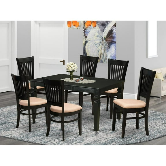 East West Furniture WEVA7-BLK-C 7-Pc Rectangular Dinette Set 6 Wood Dining Chair with Slatted Back and a Linen Fabric Seat and Butterfly Leaf Dining Table with Rectangular Top and 4 Legs- Black Finish