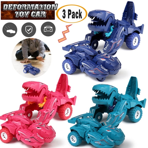 YIYOUZQT 3 Pack Dinosaur Toys Cars for Boys, 2 in 1 Deformation Car Friction Powered Push and Go Trucks Pull Back Vehicles for Kids Ages 3 4 5 6 7 Year Old - Christmas Birthday Gift Dino Toys