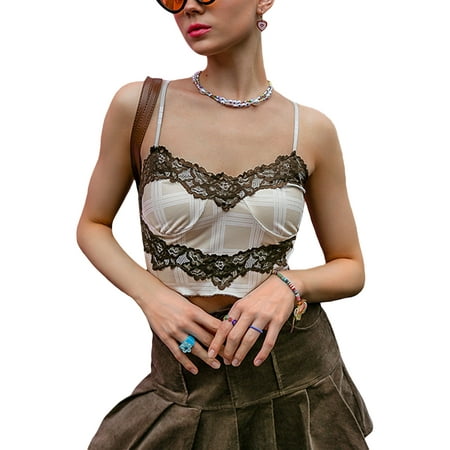 

Women Camisole Top Sleeveless Plaid Lace Patchwork Slim Fit Summer Party Club Tops