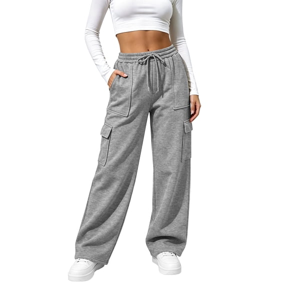 TEMOFON Womens Cargo Sweatpants Wide Leg Elastic Waisted Trousers Sweat Pants Joggers with Pockets Casual Workout Pants
