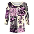 thumbnail image 5 of Floral Patchwork Graphic T-Shirt for Women Crewneck Three Quarter Sleeve Relaxed Fit Soft Casual Daily Wear Bohemian Style Festive Spring Clothes Top, 5 of 6