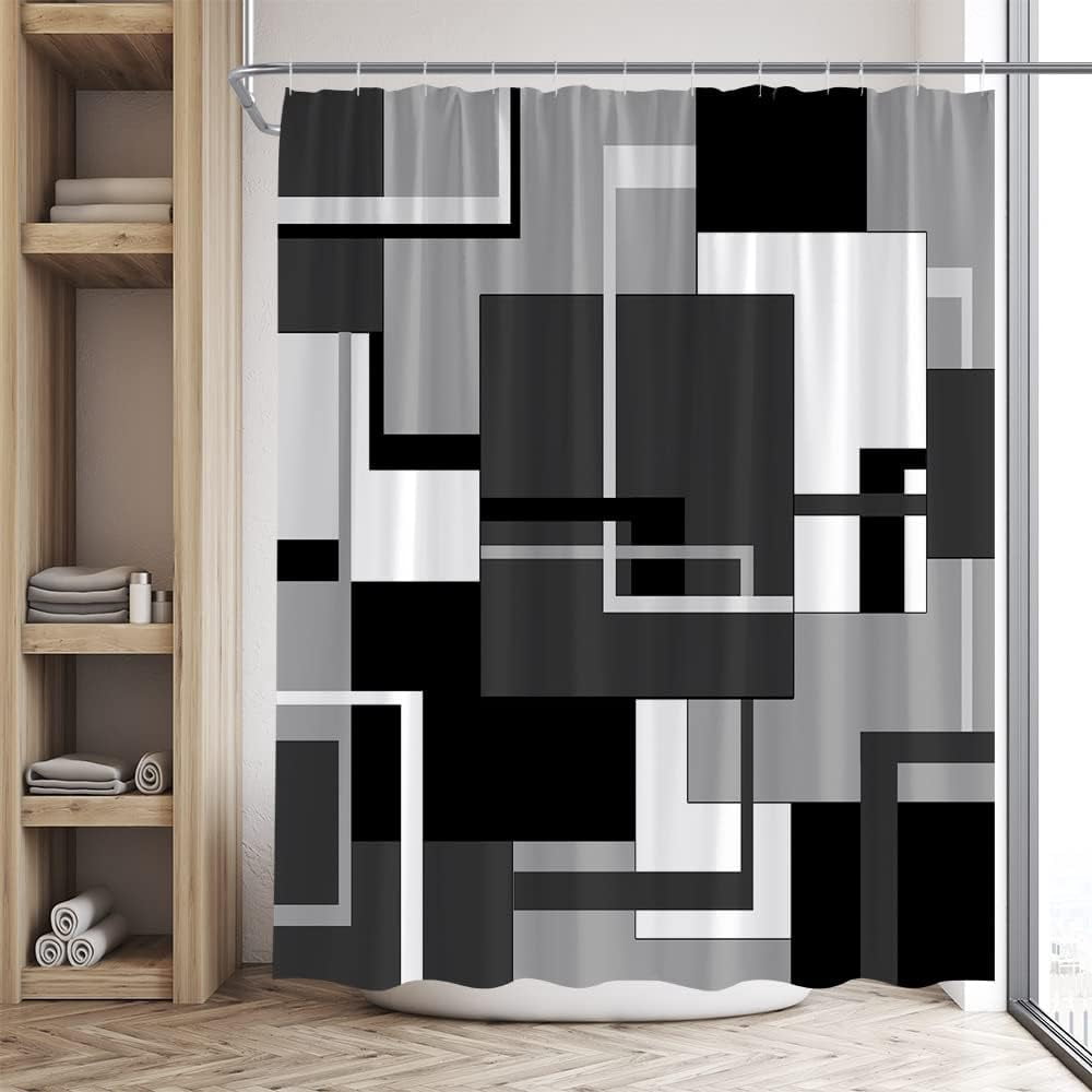 Gray Geometric Shower Curtain Black White and Gray Abstract Minimalist Line Geometry Mid Century Polyester Fabric Bathroom Accessories Set Include Hooks 36Wx70H Inch