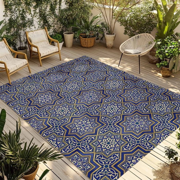 Navy Blue Geometric Outdoor Rug for Patio/Deck/Porch, Non-Slip Large Area Rug 5 x 7 Ft, Vintage Abstract Floral Texture Indoor Outdoor Rugs Washable Area Rugs, Reversible Camping Rug Carpet Runner