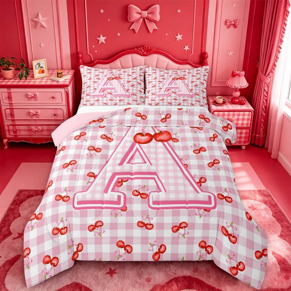 Catabedysis Sweet Cherry Print A Full Size Comforter Sets For Girls,Personalized Monogrammed Gifts Bedding Comforter Set,Pink Reversible,3-Piece,1 Comforter and 2 Pillowcases