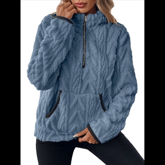 Suéter de Larga con Cremallera de un Cuarto para Mujer, Sudadera de Forro con Capucha, Sudaderas con Solapa, Suéteres Cálidos con Bolsillos. Azul M