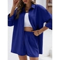 thumbnail image 4 of Cenuakty Women 2 Piece Outfits Solid Color Loose Long Sleeve Button Shirt and Casual Elastic Shorts Club Streetwear, 4 of 8