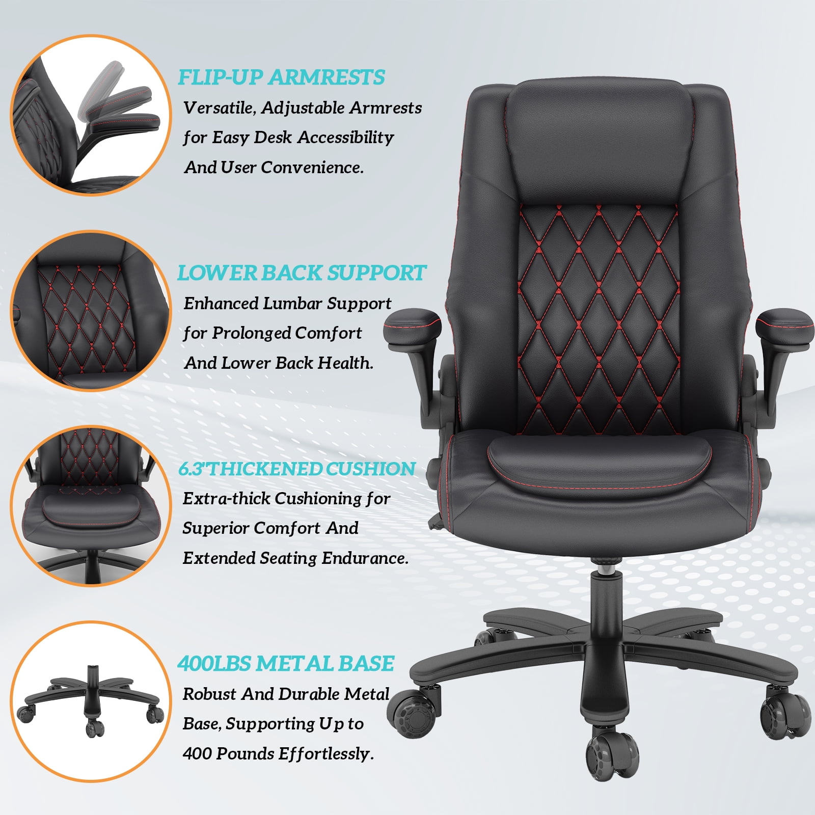 iooHug Big and Tall Office Chair 400lb, Executive Desk Computer Chair Adjustable Flip-up Armrests, PU Leather Swivel Task Chair with Ergonomic High Back and Lumbar Support,Black