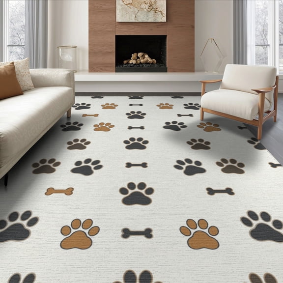 ODIKA 8'x10' Washable Area Rug Non-Slip Chair-Friendly Mat Print Bone Paws Shapes Distributed Covering Alfombra Para Perros for Dining Room, Large Office, Lounge