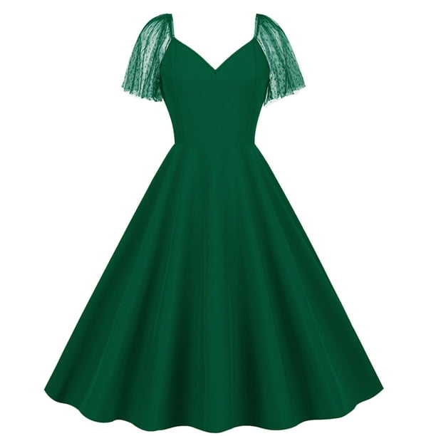 Elainilye Fashion Women Dresses Solid Color Mesh Splicing Vintage Dress  Puffy Dress Formal Party Dress Large Skirt,Green - Walmart Business Supplies
