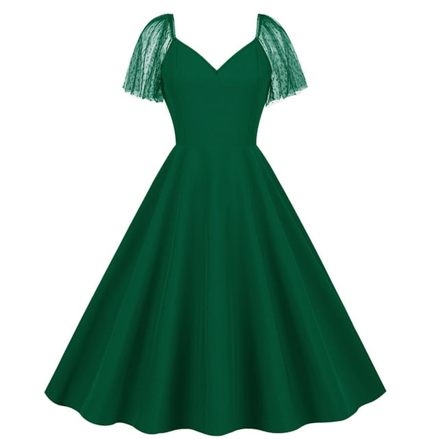 AherBiu Robe Vintage pour Femmes Années 1950 en Mousseline, Manches Courtes à Cap, Rétro, Froncée, à Volants, Robe Midi pour Retour à la Maison