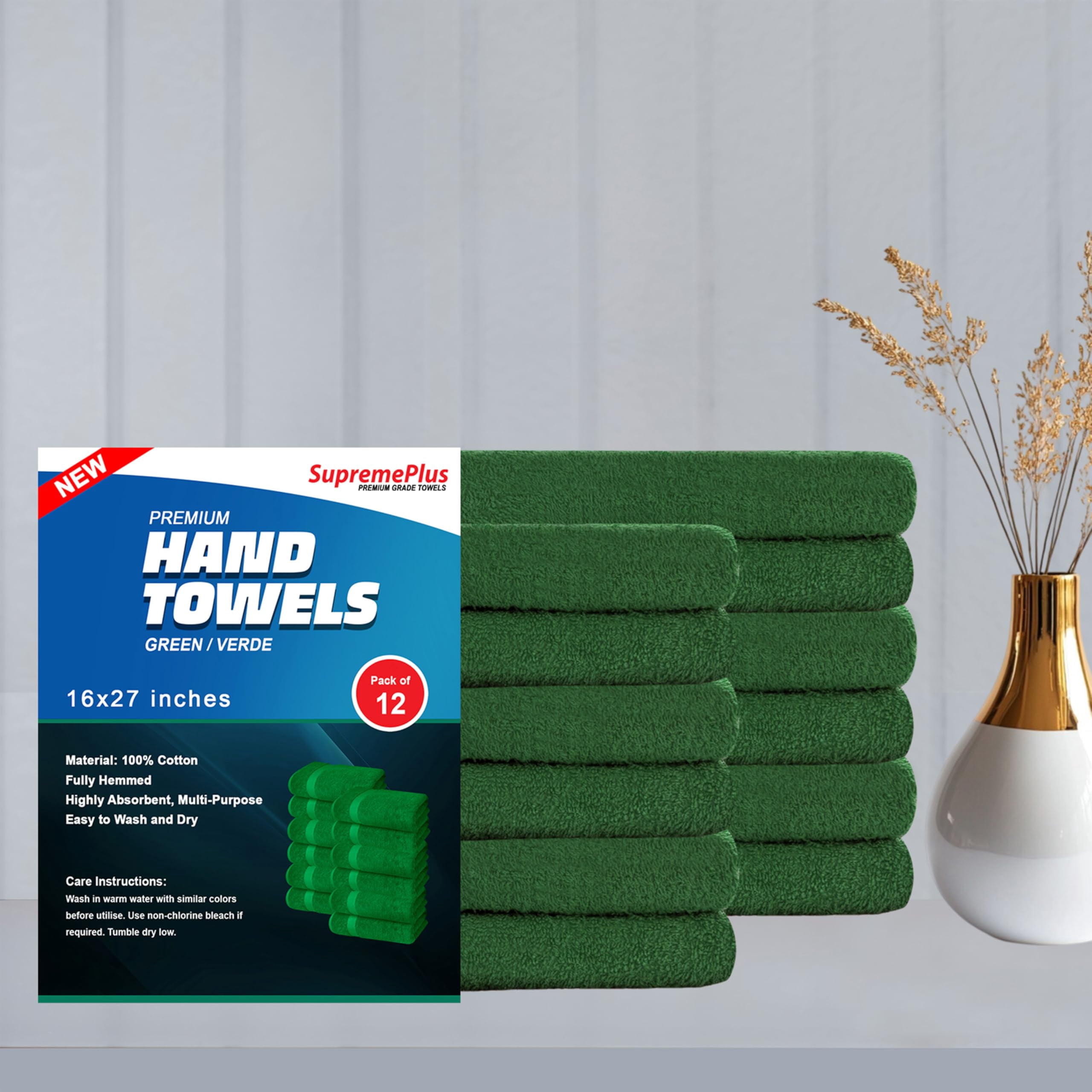SupremePlus Premium Absorbent 16" x 27" 100% Ring Spun Cotton Hand Towels, Green 12 Count