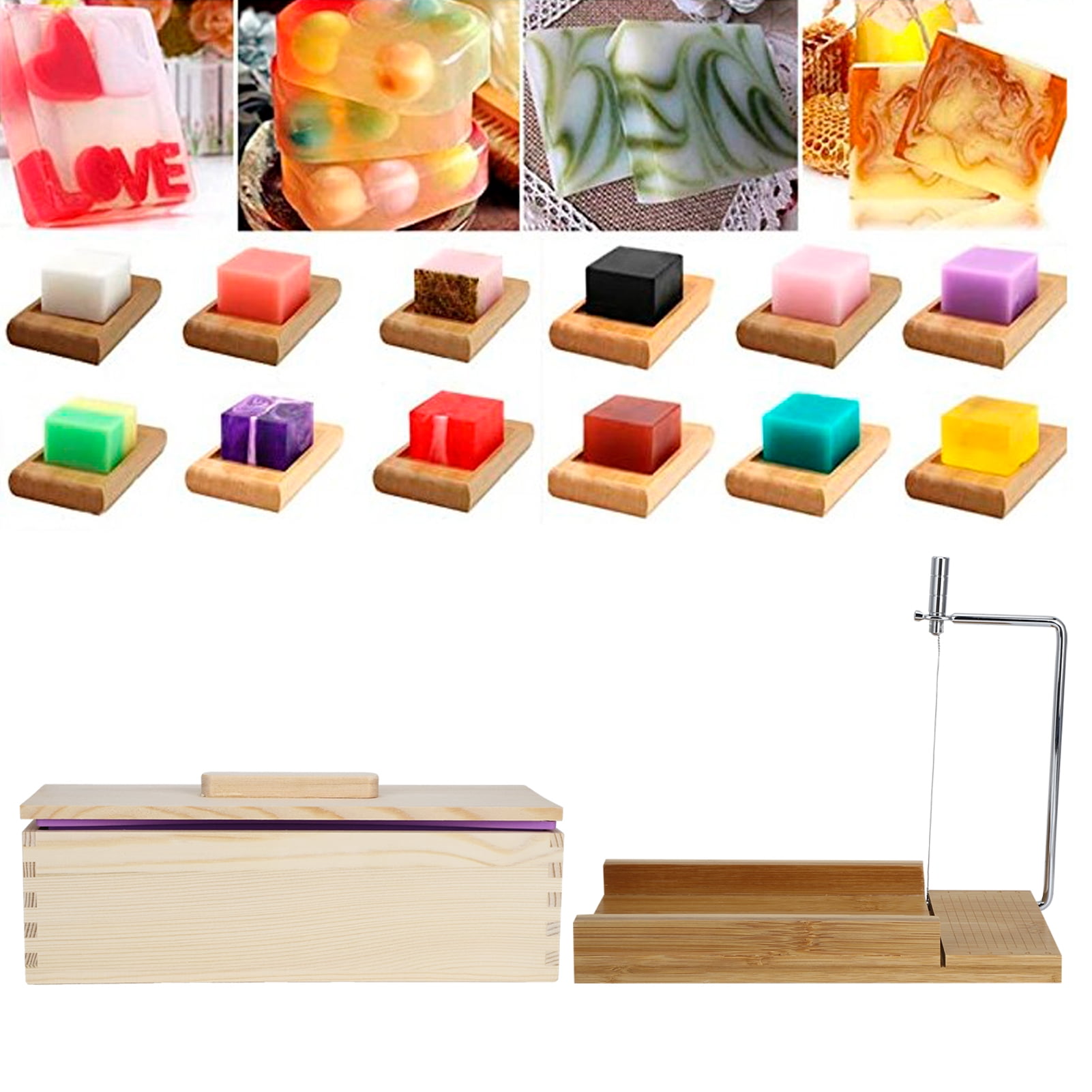 Yajisi Professional Adjustable Bamboo Wood Soap Cutter Mold Set with Purple Silicone Loaf Mold and Lid, Multi-Functional DIY Handmade Soap Making Tool Kit (11.1 x 3.1 x 3.5 inches / 28.2 x 8 x 9 cm)