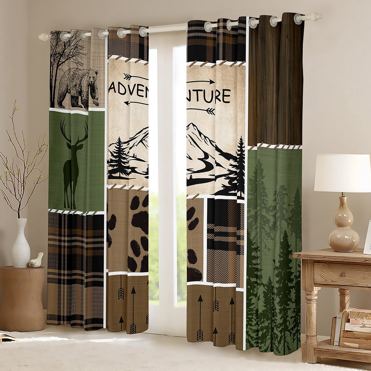 Manfei Green Rustic Curtains Pack of 2 (52x84), Jungle Adventure Black Out Curtains, Farmhouse Hunting Blackout Curtains for Bedroom, Window Treatments Room Decor