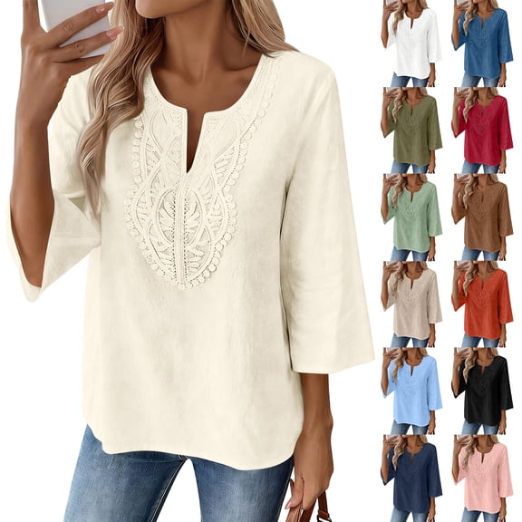 Boho Tops for Women Blouses Dressy Casual V Neck 3/4 Sleeve Shirts Spring Outfits Trendy Vacation Clothes White XL