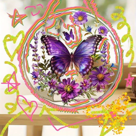 2D Flat Purple Butterfly Suncatcher, Stained Window Hanging, Acrylic Sign, Gifts, Festival, Round Wreath Sign, Birthday Gifts For Porch, Wall, Home, Room Decor Ornaments Hangable Decoration