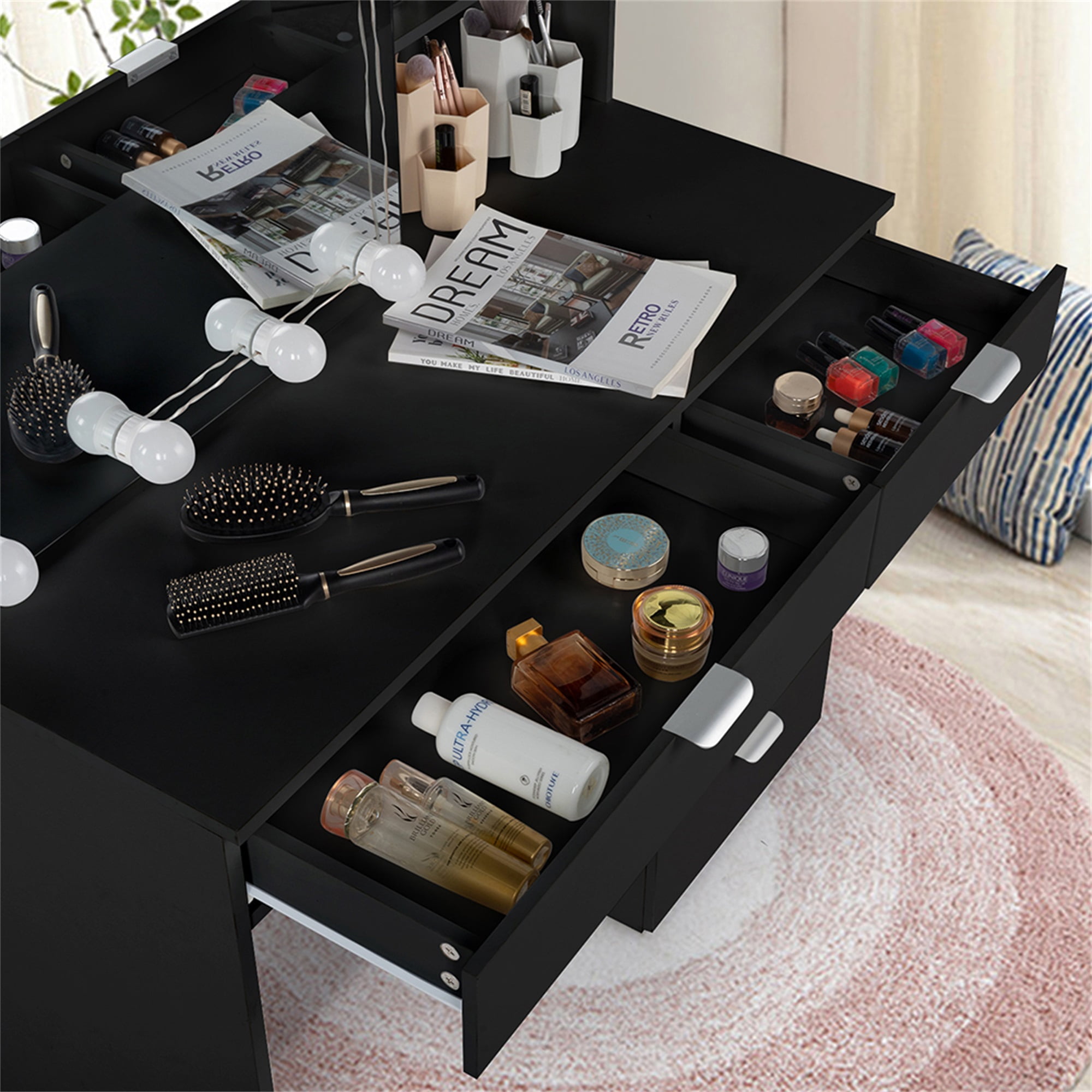 Kadyn Make Up Vanity Desk with 6 Pumps 2 Shelves Mirror Cabinet 3 Tone Light Bulbs, Vanity Table and Chair Set, Black Kadyn Make Up Vanity Desk with 6 Pumps 2 Shelves Mirror Cabinet 3 Tone Light Bulbs, Vanity Table and Chair Set, Black