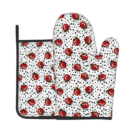 

Junzan Red Ladybugs On Black Dotted Pattern Oven Mitts and Pot Holders 2 pcs Set Potholders BBQ Gloves Long Kitchen Oven Glove for Cooking Baking Grilling (2-Piece Set 11 Inch)