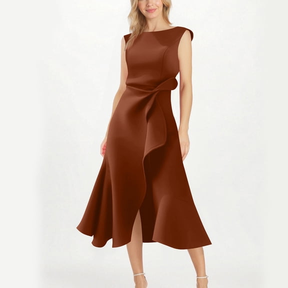 ClodeEU Women's Sleeveless Asymmetrical Ruffle Hem Midi Dress, Ruched Waist Bodycon Party Dress Coffee,Women's Plus L