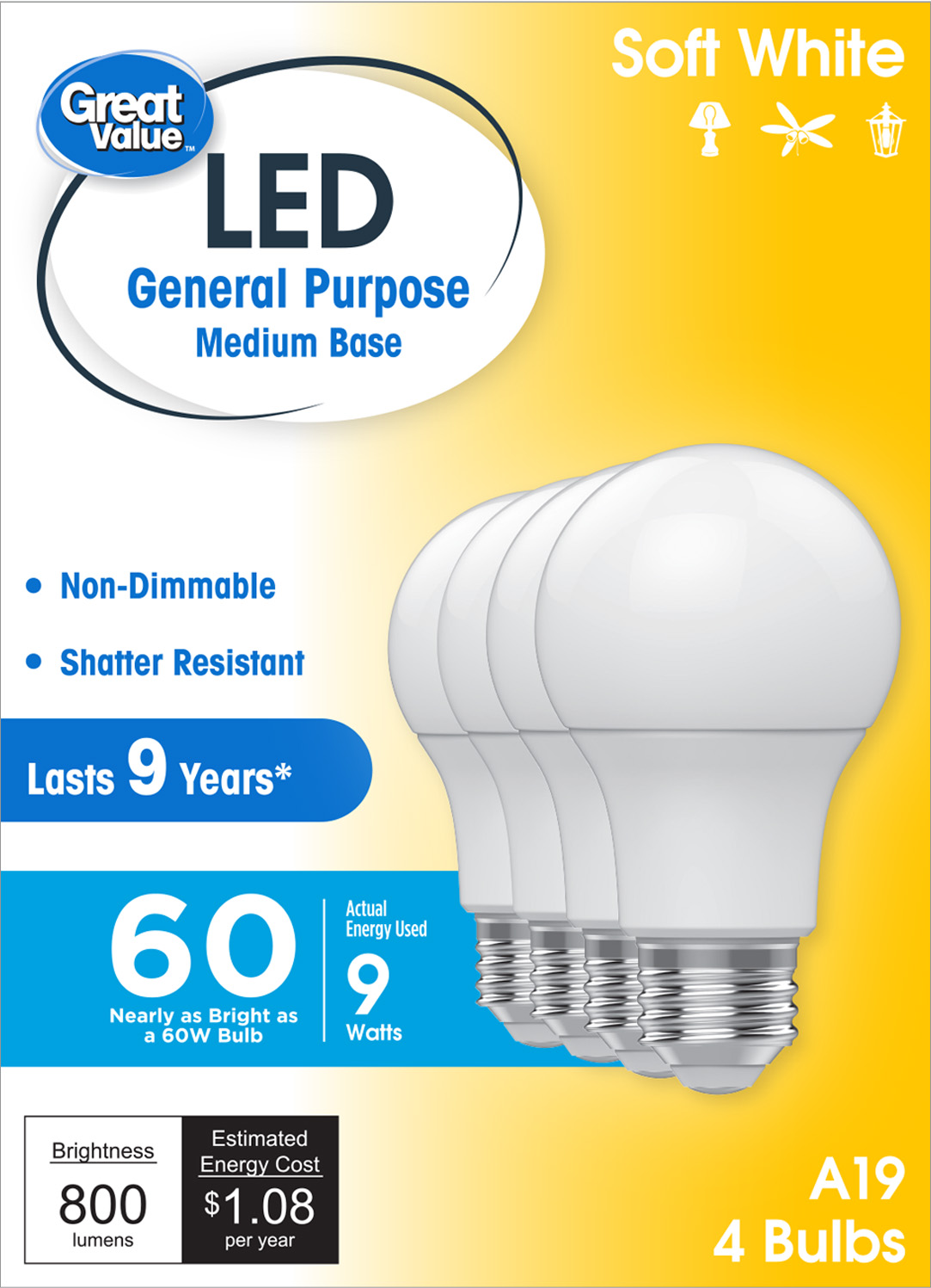 Great Value LED A19 Light Bulbs, 60W Equivalent, Soft White, 4-Pack photo 2