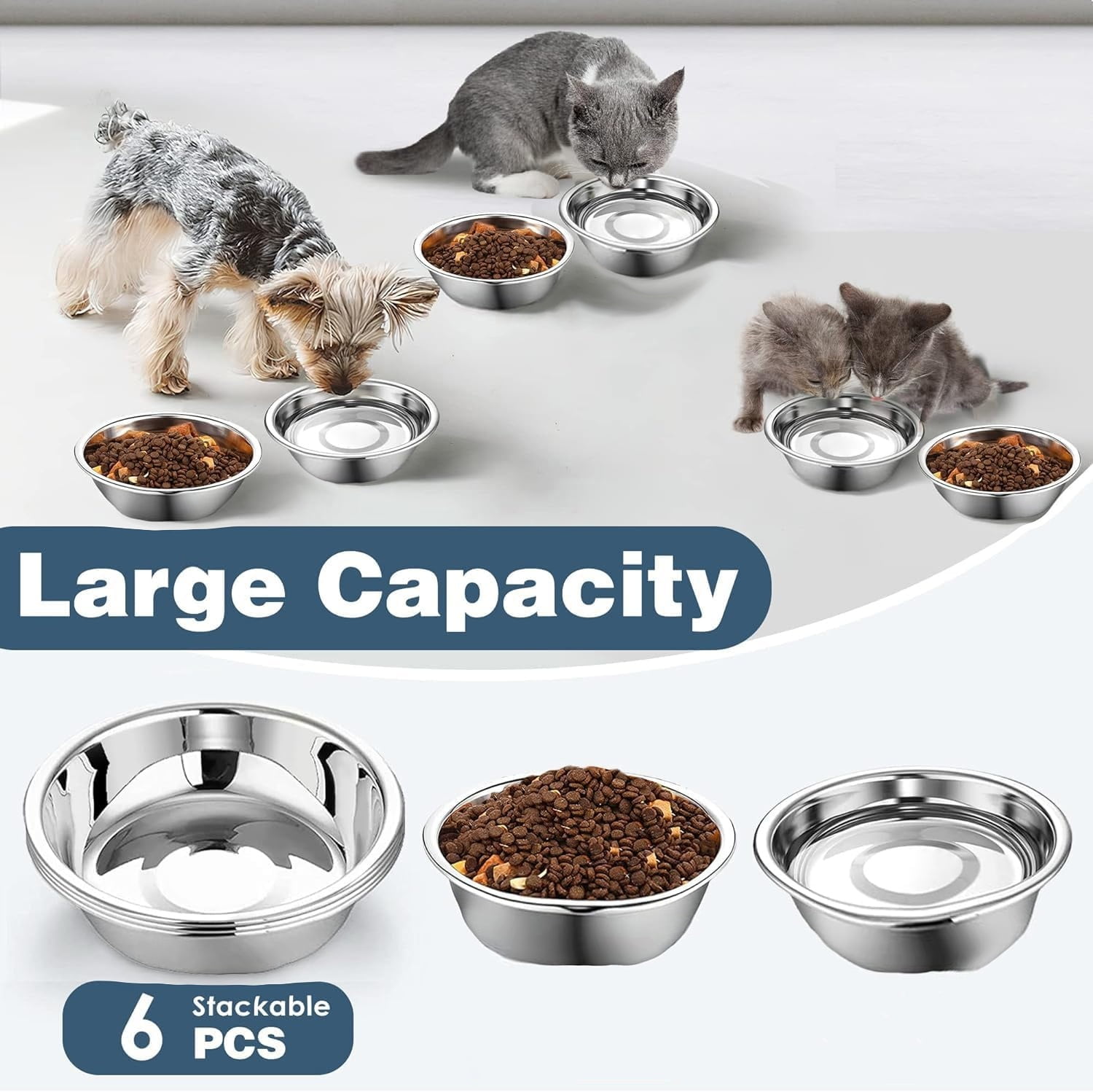Ludolm Stainless Steel Cat Bowls 12 PCS, 5.6 Inch Metal Cat Bowls, Replacement Elevated Food Water Dishes for Indoor Kitten, Whisker Fatigue Relief Shallow Food Metal Dish for Stray Cats