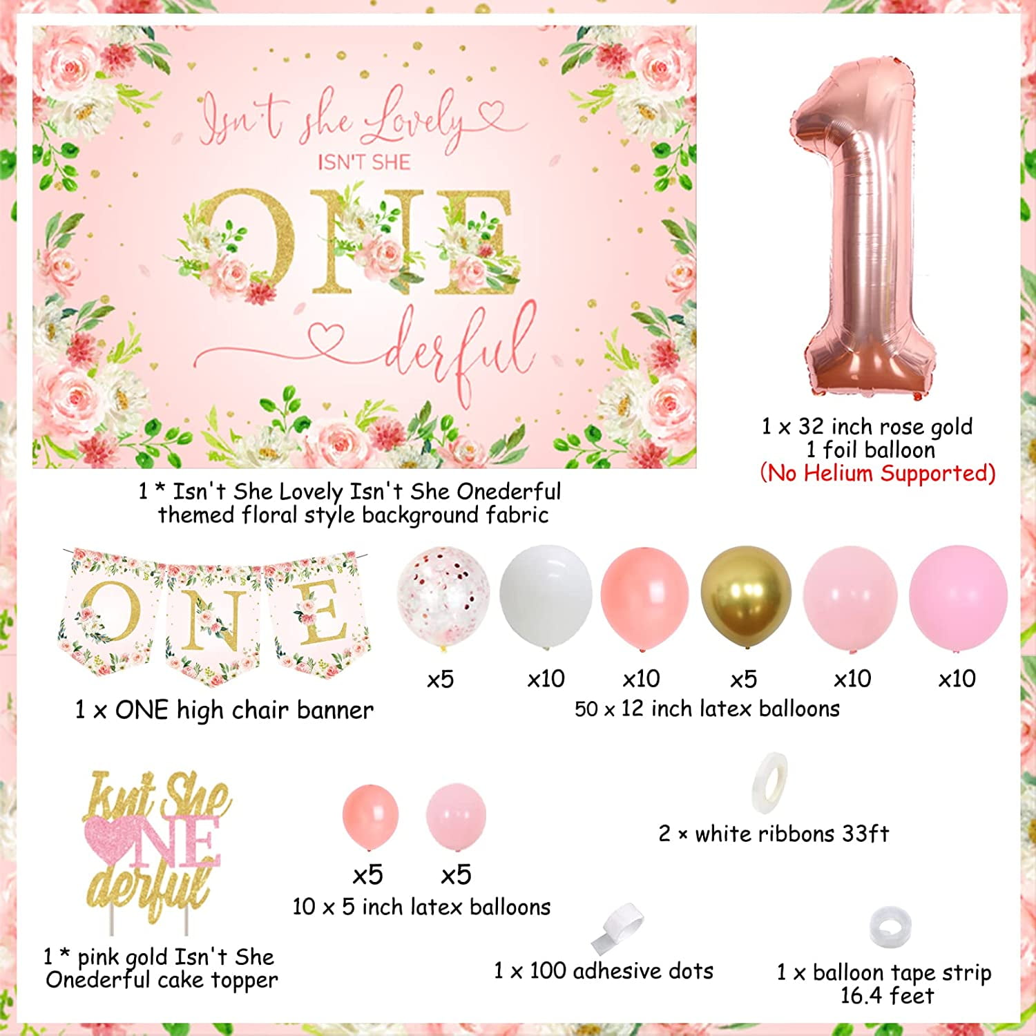 Baby Girl 1st Floral Birthday Decorations, Isn't She Lovely Isn't She Onederful Boho Floral Backdrop Pink, Rose Balloon Garland Arch One Highchair Banner for Baby Girls 1st Birthday Party