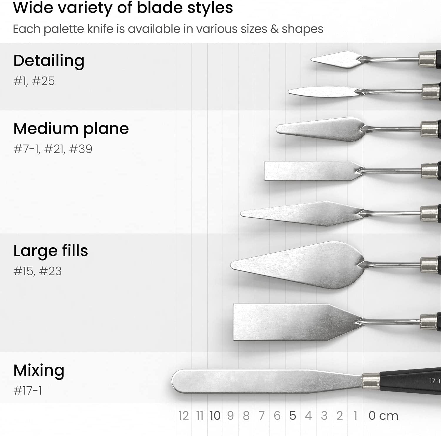 Knives 8-Pack, Sizes No. 1, 25, 7, 15, 39, 23, 17, 21, Durable Stainless Steel Blade & Break-Resistant Wooden Handle, Art Supplies for Oil & Acrylic Painting