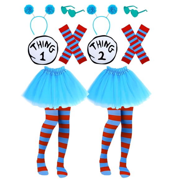 Miguan 12 Pcs Halloween Thing Costumes Accessories Set for Women, 2 Sets Blue Tulle Tutu Skirt Striped Socks with Iron-On Patches and Glasses for Party Supplies