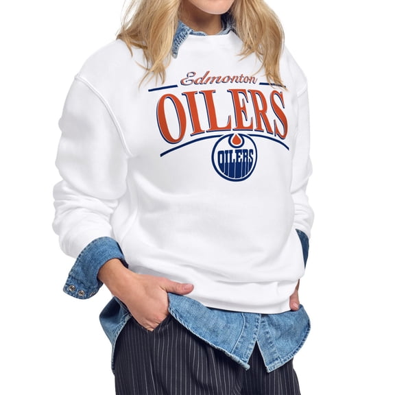 Women's Starter White Edmonton Oilers Arch Stripe Fleece Sweatshirt
